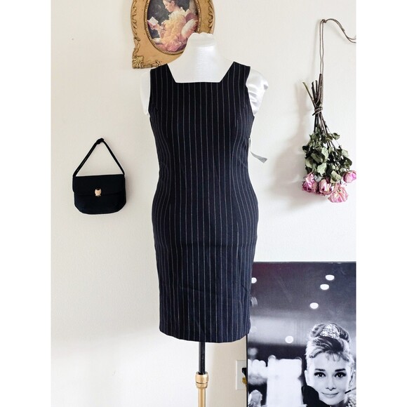 True Vintage Dresses & Skirts - Vintage 80s Black Pinstripe Sleeveless Mini Bodycon Pencil Dress Sz M L